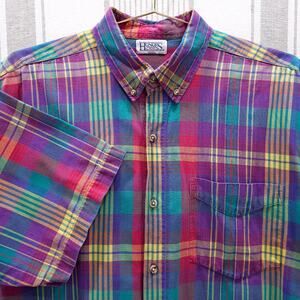VINTAGE‎ Button Down Shirt Mens Extra Large Short Sleeve Colorful Plaid Dadcore